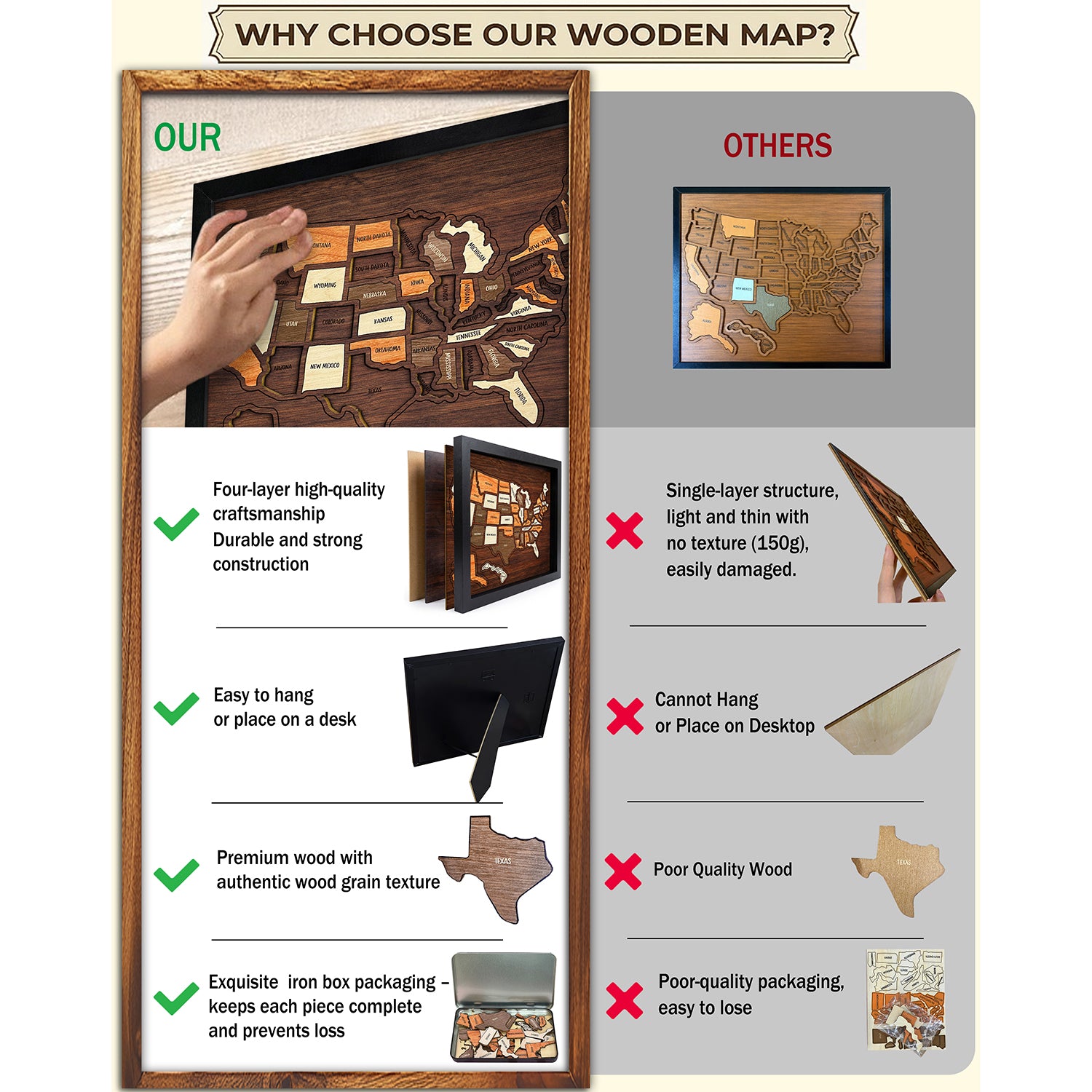 Wooden USA Travel Map 13"x11"