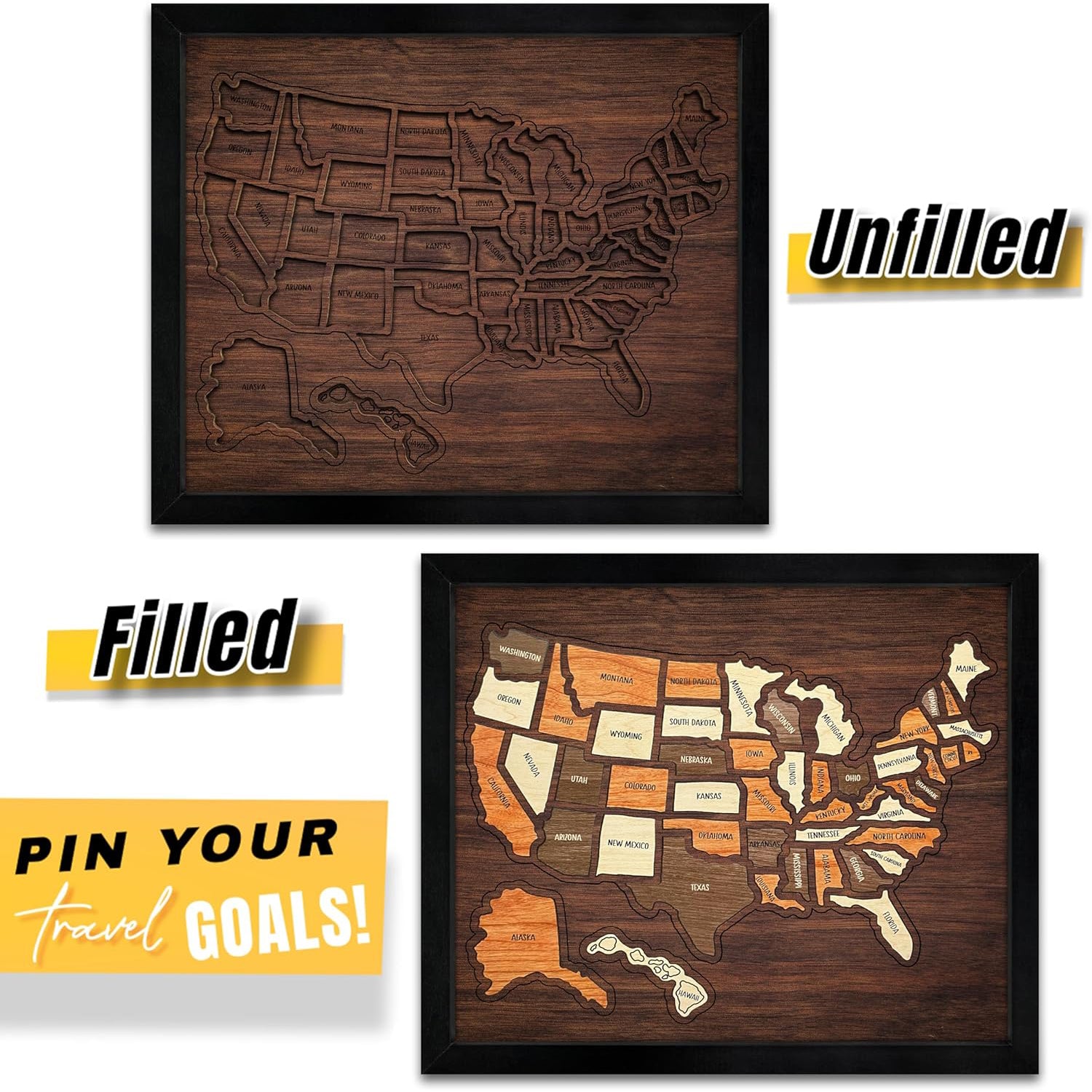 Wooden USA Travel Map 13"x11"